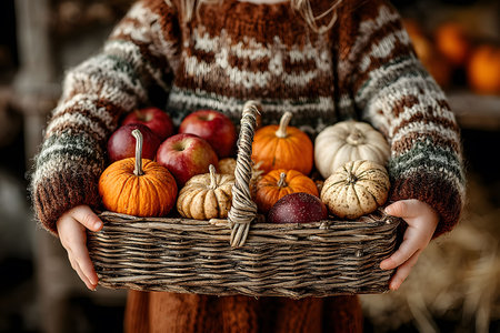 A child in a rustic sweater holds a woven basket brimming with small pumpkins and ripe apples, embodying the spirit of autumn harvest. the warm, earthy tones exude a cozy, inviting atmosphere suitable for thanksgiving themes. Generative AIの素材