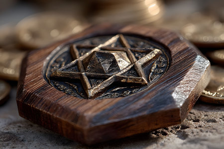 Antique wooden medallion embossed with a star of david, surrounded by golden coins. the intricate craftsmanship highlights cultural and religious significance, adding a historical and financial dimension to the scene. Generative AIの素材
