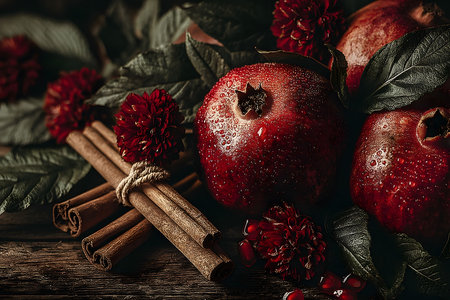 Close-up of red delicious pomegranate on the table Generative AIの素材
