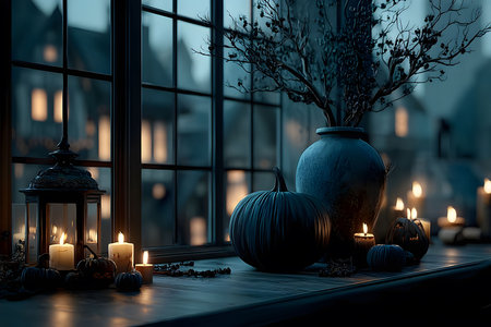 A serene autumn scene featuring a dark pumpkin, flickering candles, and a vintage lantern on a windowsill. the warm candlelight contrasts with the cool, dusky ambiance, creating a cozy halloween atmosphere perfect for seasonal decoration. Generative AIの素材