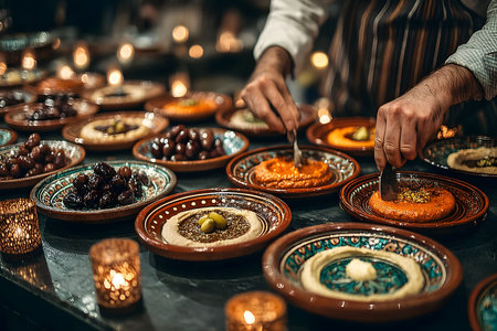A vibrant middle eastern culinary display features an array of traditional dishes elegantly presented on colorful ceramic plates. the candlelit ambiance adds warmth, enhancing the rich textures and colors of the olives, spreads, and spices. Generative AIの素材
