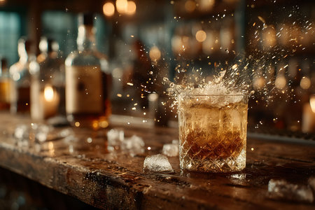 A dramatic splash essence of a whiskey glass in motion on a rustic wooden bar. ice cubes scattered around add a dynamic effect. this vibrant scene is perfect for drink advertisements and promotional materials. Generative AIの素材