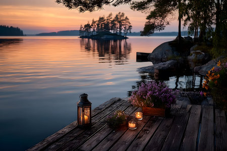 Serene lakeside scene at sunset featuring a wooden deck adorned with glowing lanterns and blooming flowers. the calm water reflects a colorful sky, creating a peaceful atmosphere perfect for relaxation or meditation. Generative AIの素材