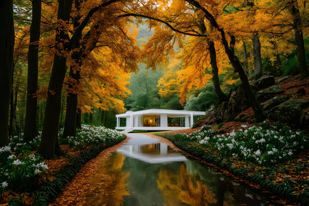 A sleek, modern white house seamlessly integrates with an autumn forest. surrounded by vibrant trees and a reflective pond, the setting combines natural beauty and contemporary architecture, capturing the essence of tranquility and design harmony. Generative AIの素材