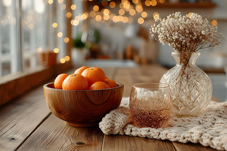 A cozy winter morning scene featuring a wooden bowl filled with fresh oranges, accompanied by a decorative glass and a vase with delicate flowers. warm lighting and a rustic wooden table enhance the inviting atmosphere. Generative AIの素材