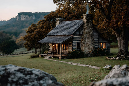 Cozy log cabin nestled in a serene autumn landscape, surrounded by colorful foliage. a stone chimney emits smoke, signifying warmth and comfort. rolling hills and distant mountains create a tranquil backdrop, perfect for a retreat. Generative AIの素材