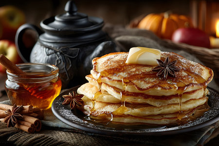 A stack of golden pancakes topped with a melting pat of butter and drizzled with maple syrup is set on a rustic plate. accompanied by a teapot, honey jar, star anise, and pumpkins, the cozy autumn scene evokes warmth and comfort. Generative AIの素材