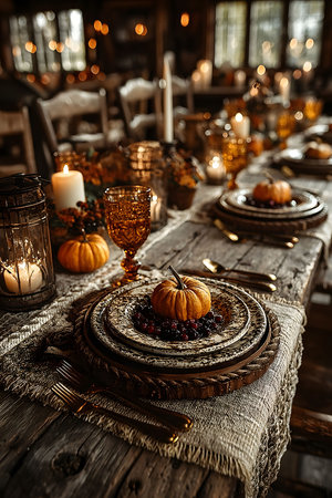 A beautifully arranged rustic dinner table adorned with small pumpkins, candlelight, and elegant tableware, capturing the essence of an intimate autumn or thanksgiving celebration in a cozy setting. Generative AIの素材