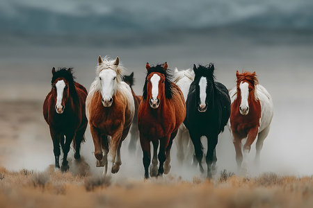 Majestic wild horses gallop freely across misty plains, creating a powerful and dynamic scene. the diverse colors of their coats contrast against the muted landscape, evoking a sense of freedom and natural beauty. Generative AIの素材