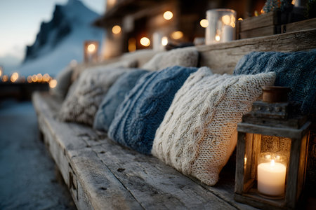 Scenic winter setting with soft, knitted cushions on rustic wooden benches, illuminated by glowing candle-lit lanterns. the serene alpine backdrop enhances the peaceful, warm ambiance of this cozy outdoor retreat. Generative AIの素材