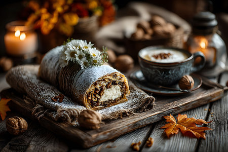 Rustic autumn ambiance featuring a walnut strudel dusted with powdered sugar, adorned with flowers, on a wooden tray. a cup of cappuccino sits nearby, surrounded by walnuts and autumn leaves, creating a warm, cozy feel. Generative AIの素材