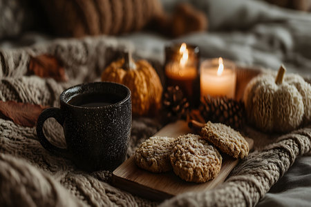 A warm, inviting autumn scene featuring a black coffee mug, assorted cookies on a wooden tray, warm knitted blankets, lit candles, and decorative pumpkins. perfect for conveying comfort during the fall season. Generative AIの素材