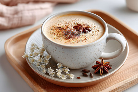 A steaming cup of herbal spiced beverage topped with a sprinkle of cinnamon and star anise, elegantly placed on a wooden tray. dried flowers add a delicate touch, enhancing the cozy, inviting atmosphere. Generative AIの素材