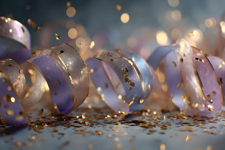 Twirling pastel ribbons intertwined with glimmering gold confetti create a festive atmosphere. the soft focus and bokeh enhance the luxurious and celebratory feel, ideal for events and party-themed designs. Generative AIの素材