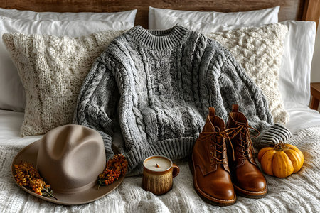 A cozy autumn arrangement displaying a gray knitted sweater, leather boots, a felt hat, a small pumpkin, and a mug of coffee on a bed with textured pillows. ideal for seasonal and lifestyle content. Generative AIの素材