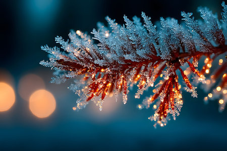 Frost-covered pine branches adorned with delicate ice crystals create a winter wonderland atmosphere. warm bokeh lights in the background enhance the festive mood, perfect for holiday-themed designs and seasonal greetings. Generative AIの素材