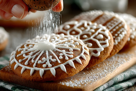 Intricate iced cookies display detailed holiday decorations on a wooden board. a hand sprinkles powdered sugar, enhancing the festive mood. the craftsmanship and texture make it perfect for holiday baking themes or culinary art inspiration. Generative AIの素材