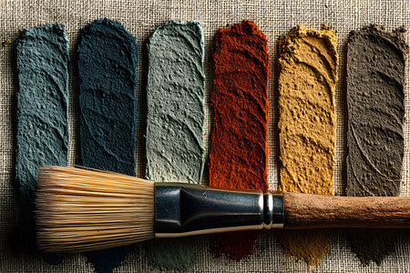 Earth-toned pigments smeared in rows on canvas alongside a wooden-handled brush. the textured pigments range from dark blue to rich brown, showcasing a spectrum suitable for artistic endeavors and creative projects. Generative AIの素材