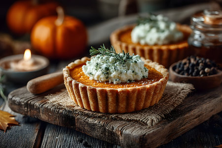 Delicious homemade pumpkin tartlets topped with creamy ricotta and fresh herbs, set on a rustic wooden board. the cozy autumn setting includes small pumpkins, creating a warm and inviting harvest ambiance. Generative AIの素材