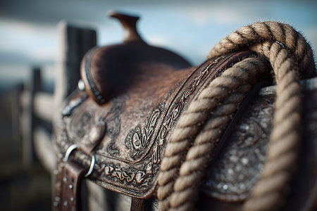 Ornate leather saddle with intricate detailing rests on a wooden fence, accompanied by a coiled lasso. the countryside backdrop evokes a sense of adventure and tradition in western equestrian culture. Generative AIの素材