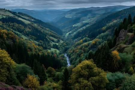 Verdant hills stretch across the horizon, their slopes adorned with autumn foliage in vibrant shades. a river cuts through the lush valley, while a dramatic overcast sky adds depth and contrast to the serene scene. Generative AIの素材