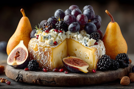 A rustic cheese platter featuring a wheel of cheese garnished with ripe grapes, fresh pears, juicy figs, blackberries, and pomegranate seeds. the elegant setup is ideal for gourmet dining and sophisticated entertaining. Generative AIの素材