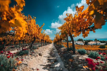 A picturesque vineyard in full autumn splendor displays rows of grapevines with bright orange and yellow leaves. a clear blue sky enhances the vibrant colors, while quaint houses nestle in the backdrop of serene countryside. Generative AIの素材