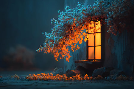 Warm light emanates from a window, illuminating the delicate branches in full bloom against a serene backdrop. this tranquil scene evokes feelings of warmth and peacefulness, ideal for home decor or relaxing concepts. Generative AIの素材
