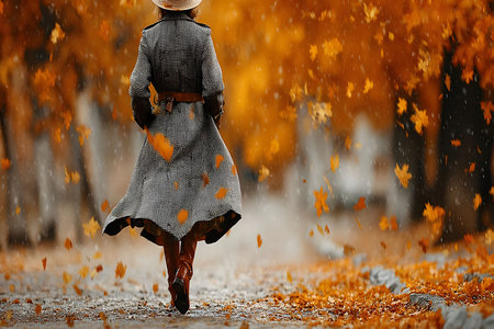 A child wearing a coat and hat walks through a street blanketed with autumn leaves. the warm tones of falling foliage create a picturesque seasonal scene, perfect for illustrating the essence of autumn. Generative AIの素材