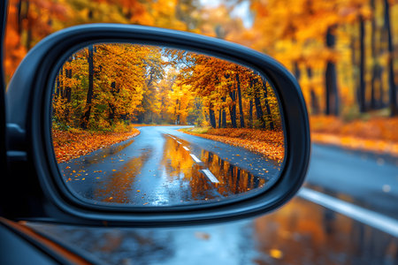 A vibrant autumn scene reflecting in a car's side mirror, showcasing a winding road surrounded by colorful fall foliage. the wet pavement enhances the warm hues, adding a dynamic contrast to the serene landscape. Generative AIの素材