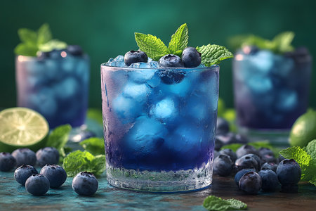 A vivid, ice-filled blueberry cocktail garnished with fresh mint leaves and surrounded by scattered blueberries and lime slices. the deep blue drink contrasts with a green backdrop, embodying refreshing summer vibes. Generative AIの素材