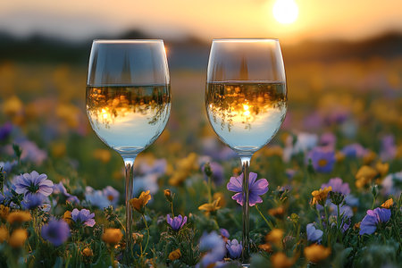 Two wine glasses reflect the warm hues of a sunset, set in a vibrant field of wildflowers, creating a romantic and serene ambiance ideal for outdoor leisure and relaxation themes. Generative AIの素材