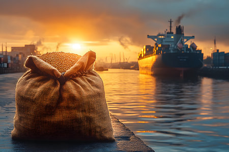 Grain sack on a dock under a vibrant sunset illustrates global trade themes. a freight ship in the harbor emphasizes shipping and industry dynamics against a picturesque sky. Generative AIの素材