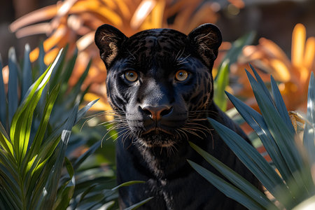 A striking black panther gazes intently from within dense jungle foliage, highlighted by warm sunlight casting dramatic shadows. the scene panther's sleek fur and the vibrant greenery, evoking a sense of wild beauty and mystery. Generative AIの素材