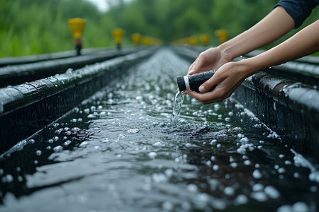 Hands conducting water quality testing in an outdoor aquatic laboratory. surrounded by lush greenery, the test involves a bottle collecting water, indicating a focus on environmental studies and sustainable management. Generative AIの素材