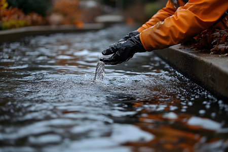 Hands wearing protective gloves interact with a flowing water stream surrounded by autumn leaves. the setting suggests exploration and field research during the fall season in an outdoor environment. Generative AIの素材