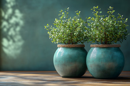 Two elegant teal ceramic pots, each housing lush green foliage, sit on a wooden surface against a textured teal wall. soft shadows and warm lighting enhance the tranquil atmosphere, perfect for modern interior design inspiration. Generative AIの素材