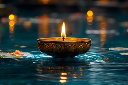 A serene scene featuring a beautifully lit candle in an ornate holder, floating on water during diwali. warm, glowing lights reflect on the water, creating a tranquil atmosphere with a lotus flower nearby. Generative AIの素材