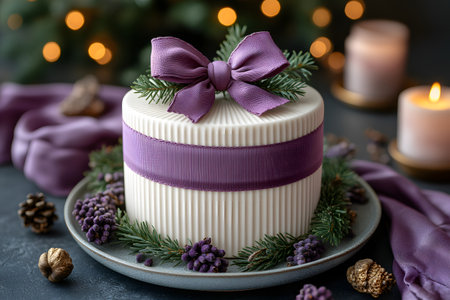 A beautifully decorated cake features a ribbed white surface with a large purple ribbon and bow, adorned with pine branches and berries. surrounded by candles and pinecones, the setting is perfect for a festive christmas celebration. Generative AIの素材