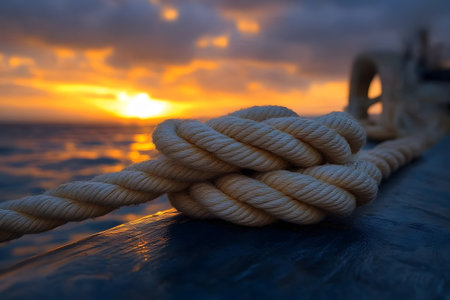 Close-up of a nautical rope in focus, set against a vibrant sunset over the ocean. the scene depicts maritime themes with a golden sky, suitable for inspirational designs and travel-related projects. Generative AIの素材