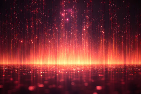 A mesmerizing display of abstract red light particles cascading over a reflective surface, creating a futuristic and dynamic atmosphere. perfect for tech, digital, and modern backgrounds in design projects. Generative AIの素材