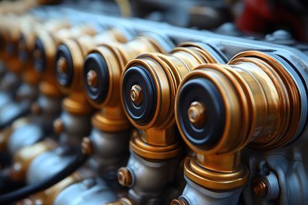 Detailed close-up of metallic engine valve components showcasing golden hues and industrial precision. ideal for illustrating concepts in automotive engineering, mechanical design, and industrial manufacturing. Generative AIの素材