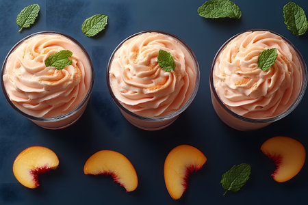 Three glass cups filled with creamy peach mousse topped with fresh mint leaves are elegantly arranged on a dark blue surface. sliced peaches and mint leaves are scattered around, creating a visually appealing presentation that evokes a sense of freshness and indulgence. Generative AIの素材