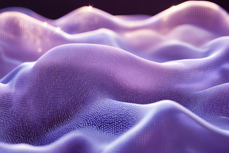 Abstract visualization of flowing purple waves accented by a grid-like pattern, creating a sense of depth and movement. the soft lighting and curved forms evoke a futuristic, digital landscape suitable for design inspiration. Generative AIの素材
