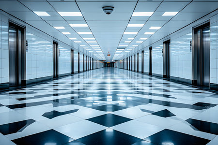 A sleek hallway features a polished black and white geometric floor pattern, flanked by symmetrical elevator doors. bright overhead lighting creates an atmosphere of modernity and precision in this architectural space. Generative AIの素材