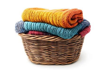 Colorful knitted blankets neatly stacked in a woven wicker basket. the soft, textured fabrics in vibrant hues add warmth and invite a cozy atmosphere, perfect for home decor or a comforting gift idea. Generative AIの素材