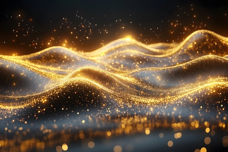 Abstract shimmering golden waves with sparkling particles create a mesmerizing visual effect. ideal for digital art, backgrounds, and design elements, this image evokes a sense of luxury and elegance with its fluid, dynamic motion. Generative AIの素材