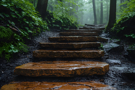 A serene pathway of stone steps meanders through a misty, lush forest. the wet stones and vibrant greenery create a calming atmosphere, evoking a sense of tranquility and connection with nature, ideal for meditation or relaxation themes. Generative AIの素材