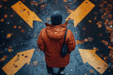 A person in a raincoat stands on a wet street surrounded by large yellow arrows pointing in different directions. fallen autumn leaves accent the scene, symbolizing choices and decisions in life. Generative AIの素材