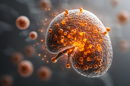 High-resolution visualization of virus cells presents a dynamic look at biological pathogens. vivid orange hues highlight cell structures against a soft-focus background, illustrating microbiological processes and scientific exploration. Generative AIの素材